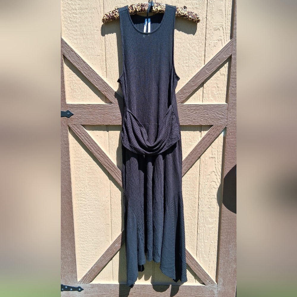 Anthropologie Black Ribbed Sleeveless Maxi Dress with Draped Waist